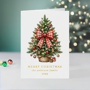 Carte De Vacances En Aluminium Arbre de Noël à l'aquarelle avec ruban Gingham rou