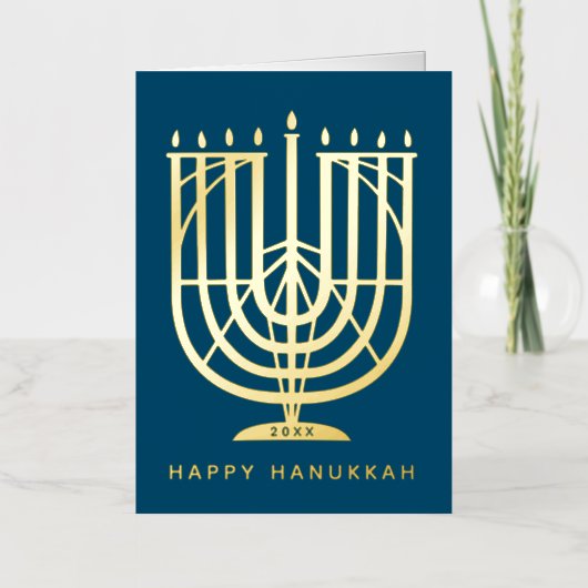 Carte De Vacances En Aluminium Art Déco Hanukkiah Menorah Bonne Hanoukka (Recto)