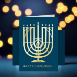 Carte De Vacances En Aluminium Art Déco Hanukkiah Menorah Bonne Hanoukka<br><div class="desc">Souhaitez à vos amis et à votre famille "Happy Hanoukka" avec cet art déco inspiré hanukkiah,  avec des couleurs éditables de la menorah et de l'arrière - plan. Photo facultative à l'intérieur.</div>
