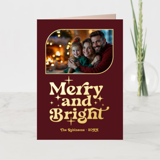 Carte De Vacances En Aluminium Burgundy et Gold Joyeux et Bright Photo Noël (Recto)