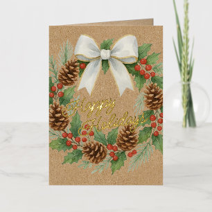 Carte De Vacances En Aluminium Classé Décembre Wreath Blanc Bow Aquarelle Or