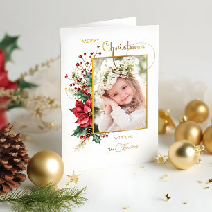 Carte De Vacances En Aluminium Élégant floral hivernal or Joyeux Noël 1 Photo
