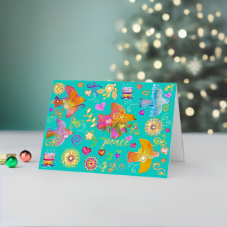 Carte De Vacances En Aluminium Folk Art Peace Doves Folded Foil Holiday Card