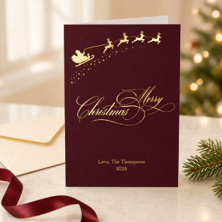 Carte De Vacances En Aluminium Joyeux Noël Or Feuille Bourgogne Père Noël Traînea