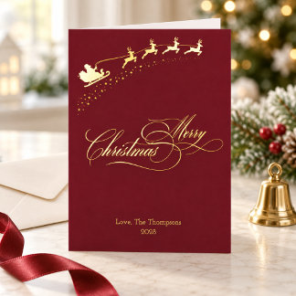 Carte De Vacances En Aluminium Joyeux Noël Or Feuille Rouge Foncé Père Noël Traîn