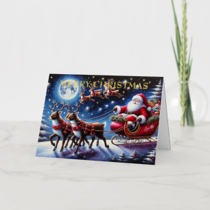 Carte De Vacances En Aluminium Le traîneau du Père Noël avec des rennes la nuit d
