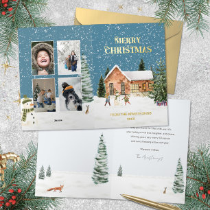 Carte De Vacances En Aluminium Maison de ferme bonhomme de neige aquarelle 4 Phot