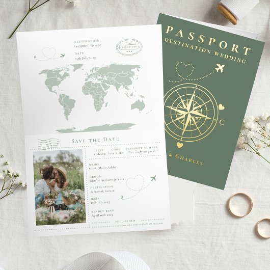 Carte De Vacances En Aluminium Passeport Sage Gold Wedding Enregistrer La Date