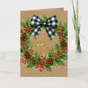 Carte De Vacances En Aluminium Rustique Holly Wreath Blanc Noir À damiers Bow Or