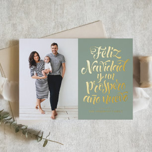 Carte De Vacances En Aluminium Sage Green Feliz Navidad Script Photo de Noël