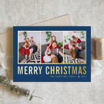 Carte De Vacances En Aluminium Typographie classique Collage photo Noël bleu<br><div class="desc">Joyeux Noël! Envoyez vos souhaits chaleureux cette saison avec cette carte de collage photo de Noël personnalisable. Il présente une typographie simple sur un arrière - plan bleu. Personnalisez en ajoutant trois photos, noms, année et autres détails. Cette carte de Noël en feuille d'or moderne est disponible en d'autres couleurs...</div>