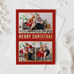 Carte De Vacances En Aluminium Typographie moderne rouge Noël Trois photos<br><div class="desc">Joyeux Noël! Envoyez des voeux de Noël à votre famille et à vos amis avec cette carte photo de Noël personnalisable en feuille d'or. Il présente une typographie simple et un sapin de Noël. Les textes sont entièrement personnalisables pour tous les salutations. Cette carte de Noël moderne est disponible en...</div>