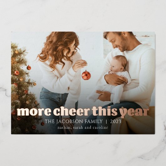 Carte de vacances en feuille d'or rose More Cheer  (Recto)