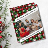 Carte de vacances festive à carreaux et flocons de