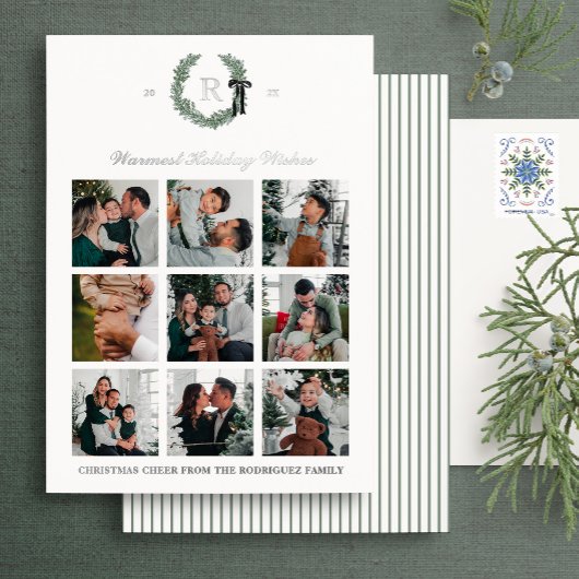 Carte de vacances Foil Classic Monogram Wreath Cre