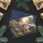 Carte de vacances Gold happy<br><div class="desc">Gold happy holiday stars 1 photo Christmas holiday card. Avec un texte de script et un design d'effet or,  la couleur bleu marine arrière sol peut être modifiée pour convenir à votre style.</div>