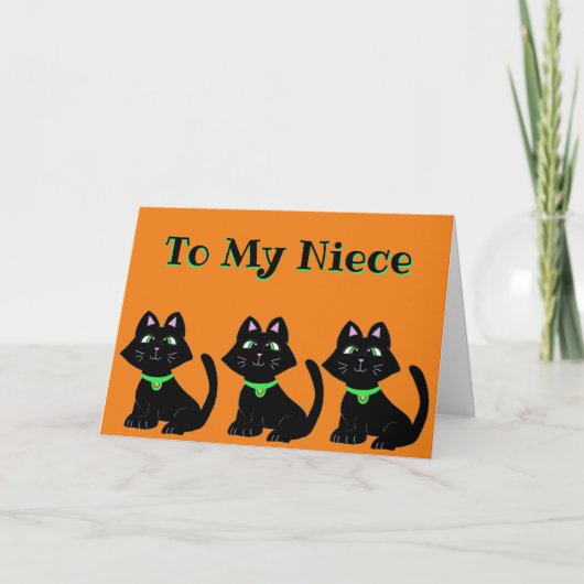 CARTE DE VACANCES HALLOWEEN NIECE CHAT NOIR ORANGE (Devant)