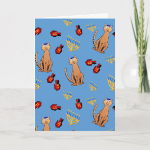 Carte de vacances Hanoukka Cat Dreidel Blue