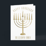 Carte de vacances Hanoukka Menorah<br><div class="desc">Envoyez à vos proches une carte personnalisée cette saison Hanoukka. Ce design présente une menorah dorée. Au-dessus, le message dit "Heureux Hanoukka". En dessous de la menorah est un endroit pour votre nom de famille que vous pouvez personnaliser ou enlever si vous voulez. A l'intérieur de la carte on peut...</div>