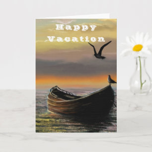 Carte de vacances heureuses en bateau au coucher d
