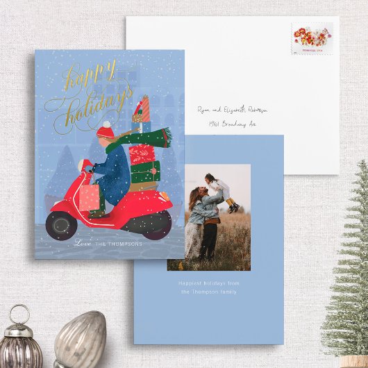 Carte de vacances joyeuses Scooter en feuille méta