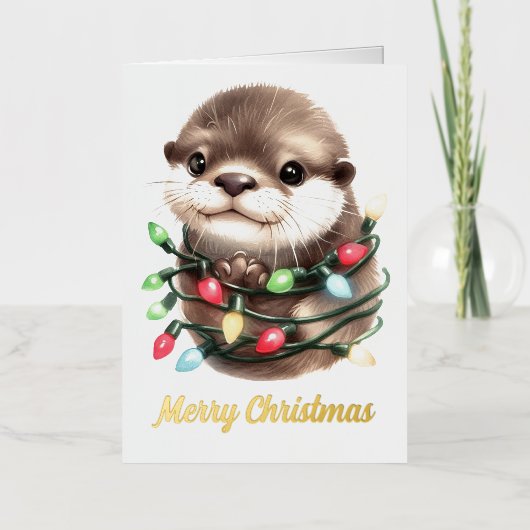 Carte De Vacances Métallisée adorable Otter de Noël (Recto)