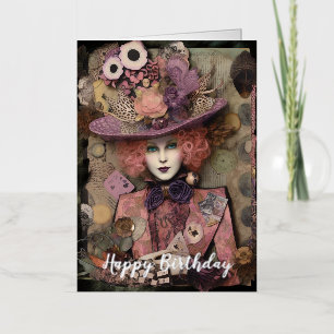 Carte De Vacances Métallisée Alice avec un chapeau fantaisie Anniversaire