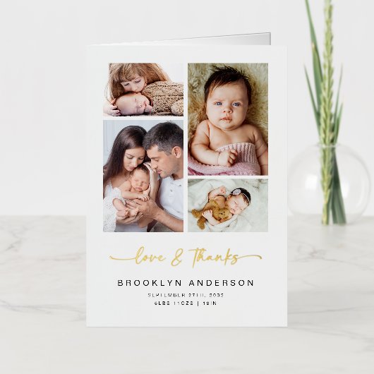 Carte De Vacances Métallisée Amour & Merci | Moderne 4 Photo Nouveau Merci bébé (Recto)