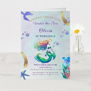 Carte De Vacances Métallisée Anniversaire de sirène pourpre et or sous la mer