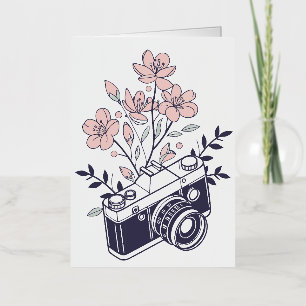 Carte De Vacances Métallisée Appareil Photo Vintage avec Fleurs Roses – Photogr