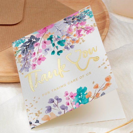 Carte De Vacances Métallisée Aquarelle florale turquoise stéthoscope infirmière