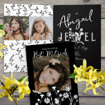 Carte De Vacances Métallisée Bat mitzvah photo vintage noir et blanc<br><div class="desc">Invitation vintage de bat mitzvah noir avec belle typographie blanche a feuille d'argent fleurs sauvages que vous pouvez bouger et redimensionner avec votre Photo. Les lettres à l'intérieur de la carte ont des fleurs comme partie des lettres, qui peuvent être changés de couleur et redimensionnés aussi. Modifiez facilement la couleur...</div>