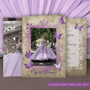 Carte De Vacances Métallisée Beige, bordure papillon violet clair pour Quincean
