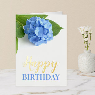 Carte De Vacances Métallisée Blue Hydrangea Floral Anniversaire Or