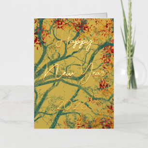 Carte De Vacances Métallisée Bonne année arbre vert feuilles rouges