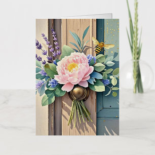Carte De Vacances Métallisée Bouquet pivoines fleurs de lavande Rustique