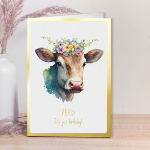 Carte De Vacances Métallisée C'est Ton Anniversaire Vache Florale Drôle Or