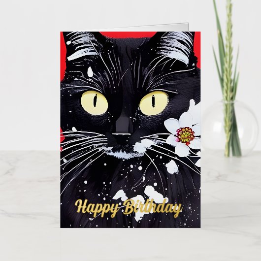 Carte De Vacances Métallisée Chat Noir Avec Fleurs Blanches Anniversaire (Recto)