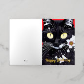 Carte De Vacances Métallisée Chat Noir Avec Fleurs Blanches Anniversaire (Mise à l'extérieur)