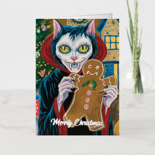 Carte De Vacances Métallisée Chat vampire de Noël au pain d'épice