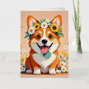 Carte De Vacances Métallisée Chien corgi joyeux couronné de marguerites et de t