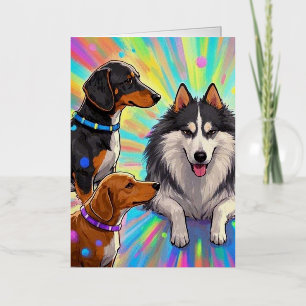 Carte De Vacances Métallisée Chiens Chiots avec fond arc-en-ciel