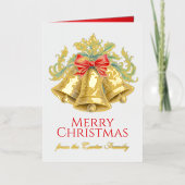 Carte De Vacances Métallisée Cloches d'or et arc rouge aquarelle Noël (Recto)