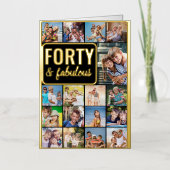 Carte De Vacances Métallisée Collage photo de 40e anniversaire Noir et or (Recto)
