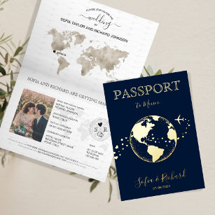 Carte De Vacances Métallisée Destination Mariage Mondial Passeport Moderne