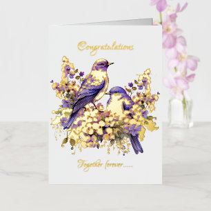 Carte De Vacances Métallisée Deux oiseaux bleus en amour feuille d'or mariage