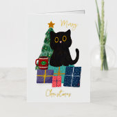 Carte De Vacances Métallisée Festif Joyeux Noël mignon Cat noir café Art (Recto)