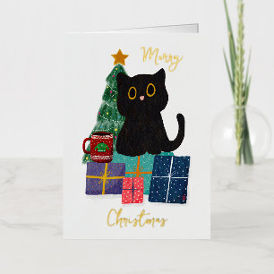 Carte De Vacances Métallisée Festif Joyeux Noël mignon Cat noir café Art