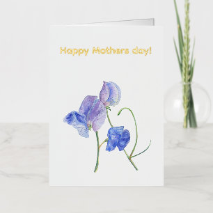 Carte De Vacances Métallisée fleur de pois de senteur bleu aquarelle Bonne fête