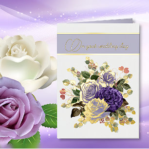 Carte De Vacances Métallisée Fleurs violettes et Mariage d'accents or